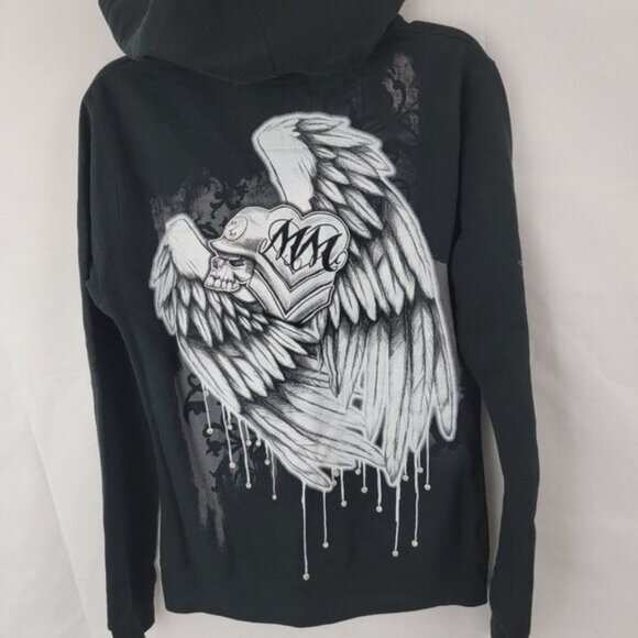 METAL MULISHA Womens Hoodie Sz SMALL Full Zip BLACK Skull Wings Goth Rhinestone - Picture 4 of 13